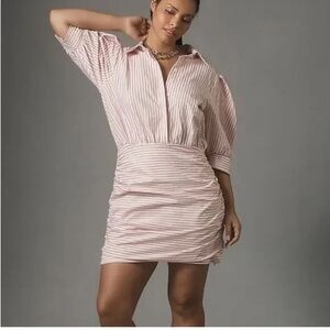 NWT Maeve Red Pink White Ruched Striped  Mini Shirt Dress Large Spring Summer